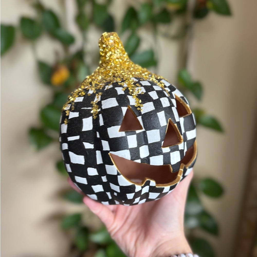 Gold and Black Checkered Halloween Pumpkin Decor
